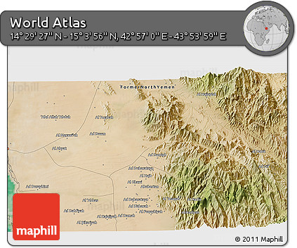 Satellite 3D Map of the Area around 14° 46' 42" N, 43° 25' 29" E