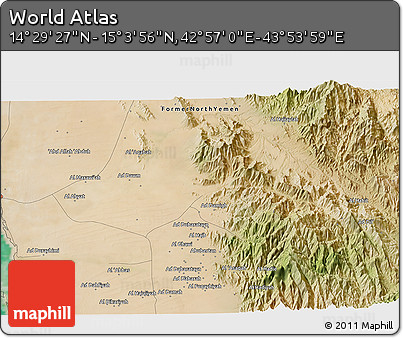 Satellite 3D Map of the Area around 14° 46' 42" N, 43° 25' 29" E