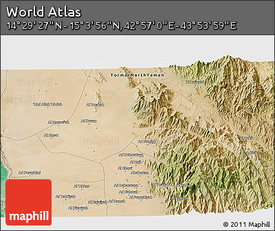 Satellite 3D Map of the Area around 14° 46' 42" N, 43° 25' 29" E