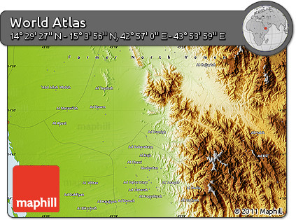 Physical Map of the Area around 14° 46' 42" N, 43° 25' 29" E