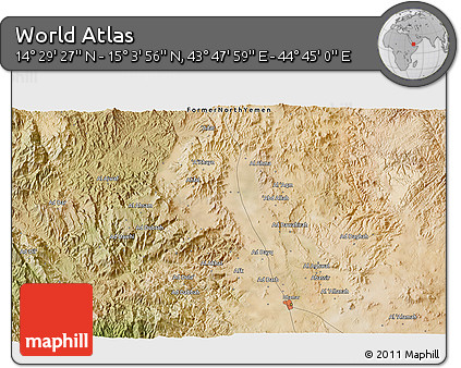 Satellite 3D Map of the Area around 14° 46' 42" N, 44° 16' 29" E