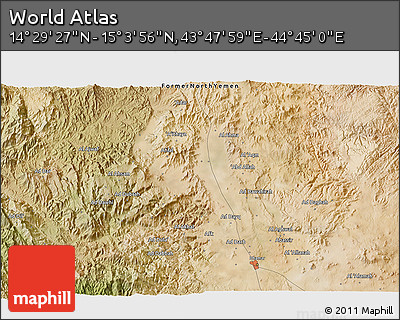 Satellite 3D Map of the Area around 14° 46' 42" N, 44° 16' 29" E