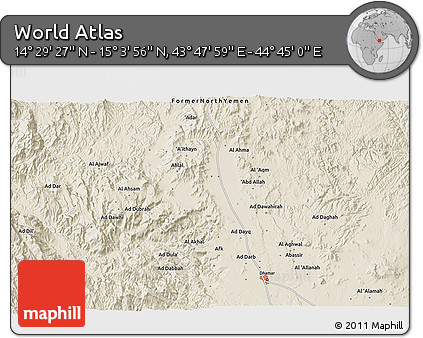 Shaded Relief 3D Map of the Area around 14° 46' 42" N, 44° 16' 29" E