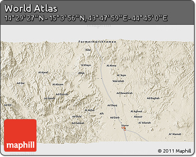 Shaded Relief 3D Map of the Area around 14° 46' 42" N, 44° 16' 29" E