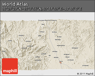 Shaded Relief 3D Map of the Area around 14° 46' 42" N, 44° 16' 29" E