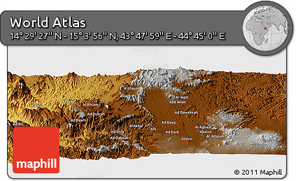 Physical Panoramic Map of the Area around 14° 46' 42" N, 44° 16' 29" E