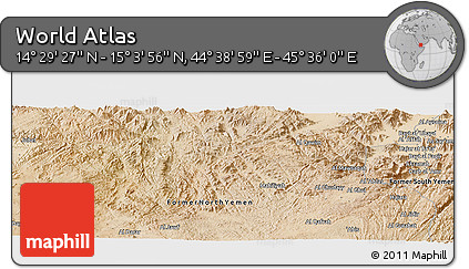 Satellite Panoramic Map of the Area around 14° 46' 42" N, 45° 7' 30" E