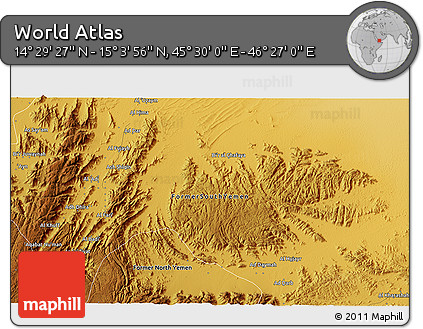 Physical 3D Map of the Area around 14° 46' 42" N, 45° 58' 30" E