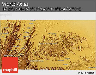 Physical 3D Map of the Area around 14° 46' 42" N, 45° 58' 30" E