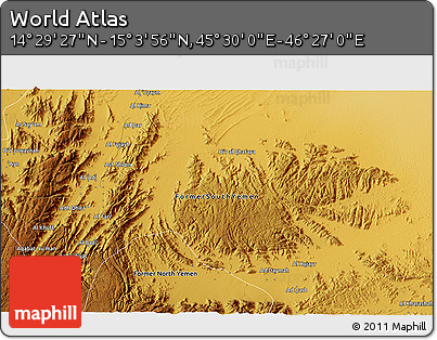 Physical 3D Map of the Area around 14° 46' 42" N, 45° 58' 30" E
