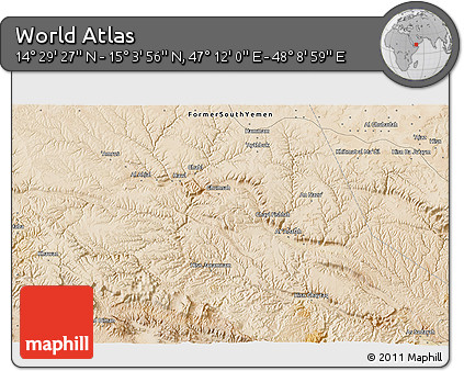 Satellite 3D Map of the Area around 14° 46' 42" N, 47° 40' 29" E