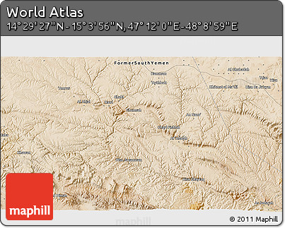 Satellite 3D Map of the Area around 14° 46' 42" N, 47° 40' 29" E