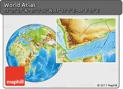 Physical Location Map of the Area around 14° 46' 42" N, 47° 40' 29" E