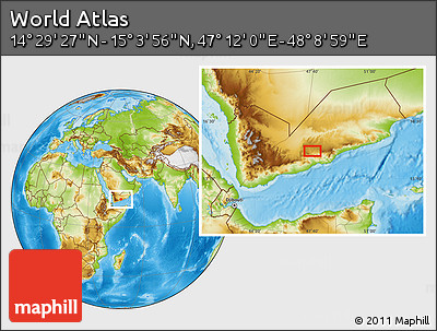 Physical Location Map of the Area around 14° 46' 42" N, 47° 40' 29" E