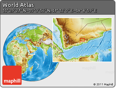 Physical Location Map of the Area around 14° 46' 42" N, 47° 40' 29" E