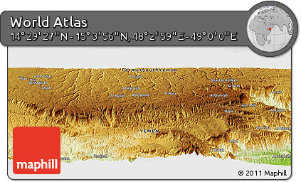 Physical Panoramic Map of the Area around 14° 46' 42" N, 48° 31' 29" E