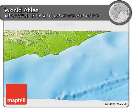 Physical 3D Map of the Area around 14° 46' 42" N, 50° 13' 30" E
