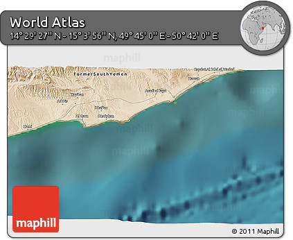Satellite 3D Map of the Area around 14° 46' 42" N, 50° 13' 30" E