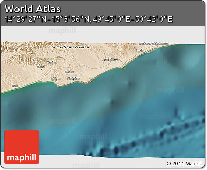 Satellite 3D Map of the Area around 14° 46' 42" N, 50° 13' 30" E