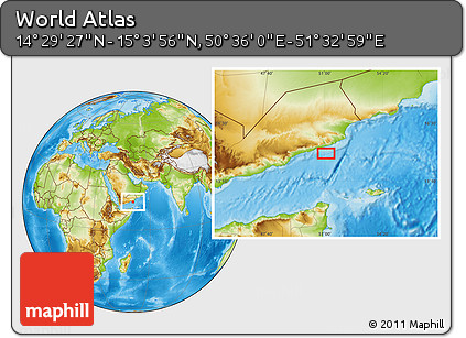 Physical Location Map of the Area around 14° 46' 42" N, 51° 4' 30" E