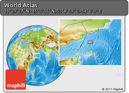 Physical Location Map of the Area around 14° 46' 42" N, 53° 37' 30" E