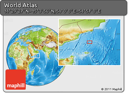 Physical Location Map of the Area around 14° 46' 42" N, 54° 28' 30" E