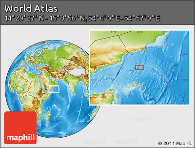Physical Location Map of the Area around 14° 46' 42" N, 54° 28' 30" E