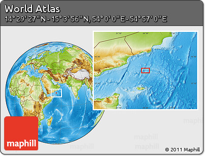 Physical Location Map of the Area around 14° 46' 42" N, 54° 28' 30" E