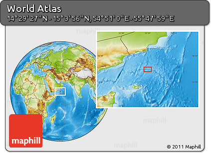 Physical Location Map of the Area around 14° 46' 42" N, 55° 19' 30" E
