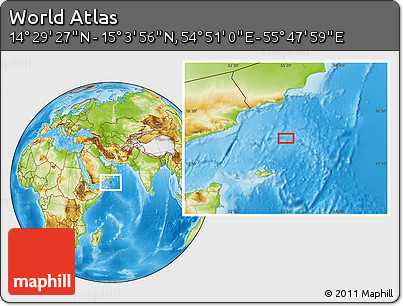 Physical Location Map of the Area around 14° 46' 42" N, 55° 19' 30" E