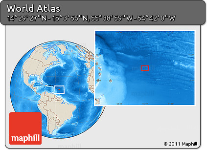 Shaded Relief Location Map of the Area around 14° 46' 42" N, 55° 10' 29" W