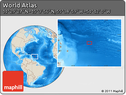 Shaded Relief Location Map of the Area around 14° 46' 42" N, 55° 10' 29" W