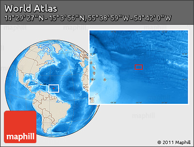 Shaded Relief Location Map of the Area around 14° 46' 42" N, 55° 10' 29" W