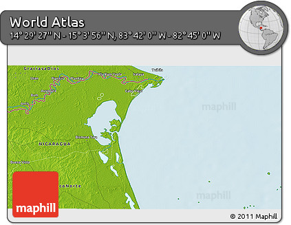 Physical 3D Map of the Area around 14° 46' 42" N, 83° 13' 29" W