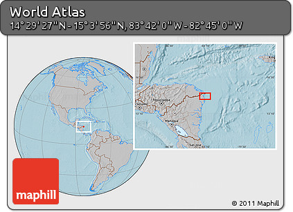 Gray Location Map of the Area around 14° 46' 42" N, 83° 13' 29" W, hill shading