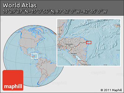 Gray Location Map of the Area around 14° 46' 42" N, 83° 13' 29" W, hill shading