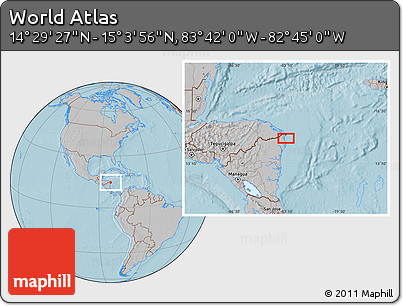 Gray Location Map of the Area around 14° 46' 42" N, 83° 13' 29" W, hill shading