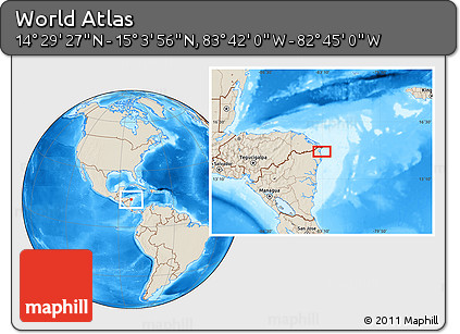 Shaded Relief Location Map of the Area around 14° 46' 42" N, 83° 13' 29" W