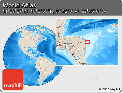 Shaded Relief Location Map of the Area around 14° 46' 42" N, 83° 13' 29" W