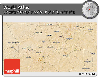Satellite 3D Map of the Area around 14° 46' 42" N, 8° 34' 29" E