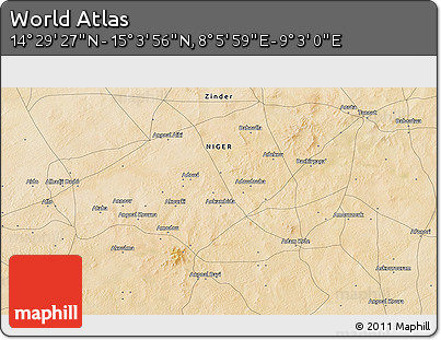 Satellite 3D Map of the Area around 14° 46' 42" N, 8° 34' 29" E