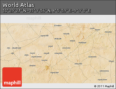 Satellite 3D Map of the Area around 14° 46' 42" N, 8° 34' 29" E