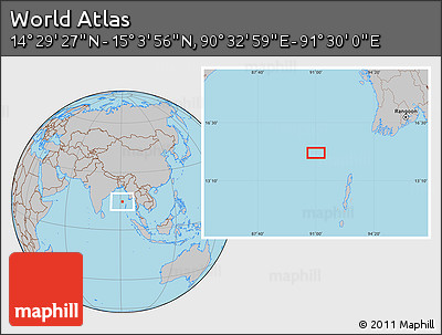 Gray Location Map of the Area around 14° 46' 42" N, 91° 1' 30" E
