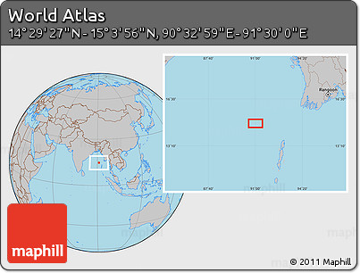 Gray Location Map of the Area around 14° 46' 42" N, 91° 1' 30" E