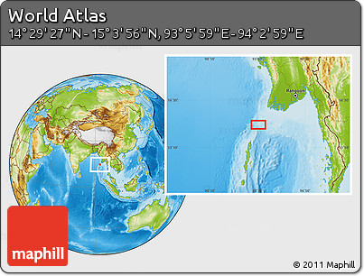 Physical Location Map of the Area around 14° 46' 42" N, 93° 34' 29" E