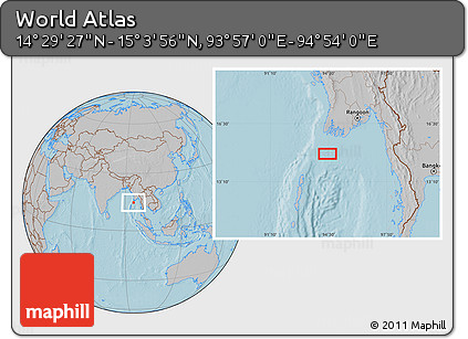 Gray Location Map of the Area around 14° 46' 42" N, 94° 25' 30" E, hill shading