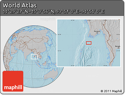 Gray Location Map of the Area around 14° 46' 42" N, 94° 25' 30" E, hill shading