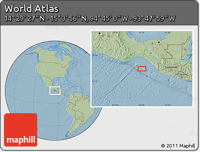 Savanna Style Location Map of the Area around 14° 46' 42" N, 94° 16' 30" W, hill shading