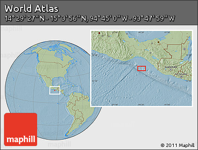 Savanna Style Location Map of the Area around 14° 46' 42" N, 94° 16' 30" W, hill shading