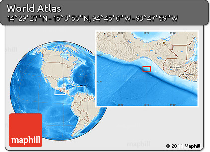 Shaded Relief Location Map of the Area around 14° 46' 42" N, 94° 16' 30" W